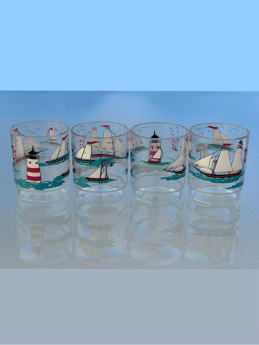 Anacapa Retro Nautical Scene 12 Oz. Plastic Stacking Cups, Vintage 80s